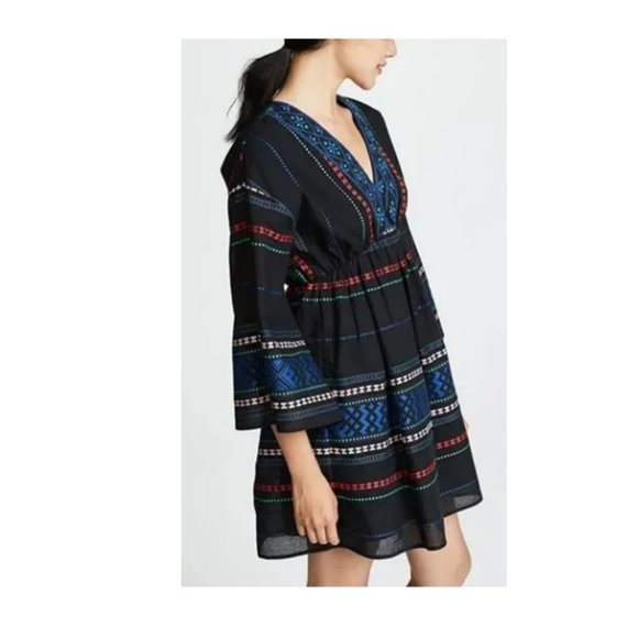 Joie 100% Cotton Embroidered Boho V-Neck Bell Sleeve Mini Dress Size L - Picture 2 of 11